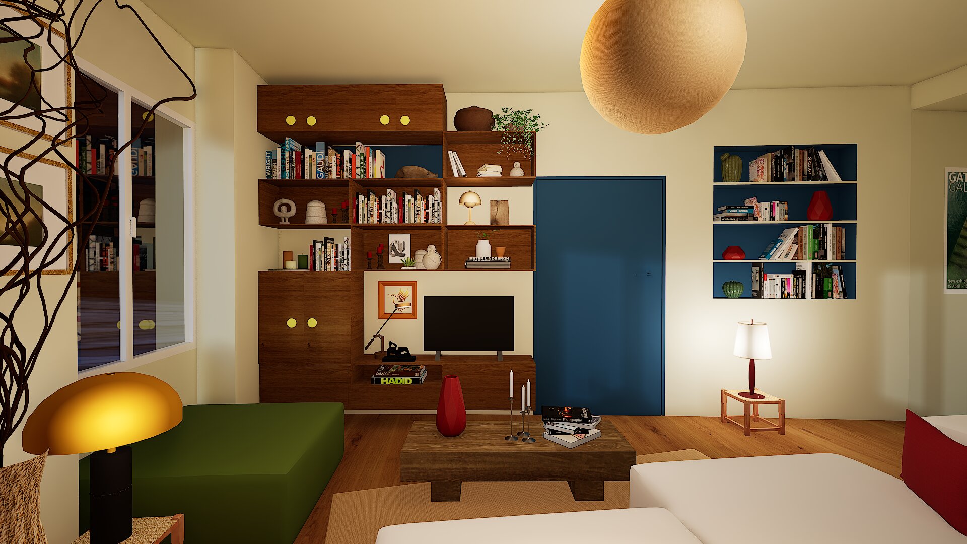 Salon bibliothèque appartement Créqui Lyon – Vert Kaki