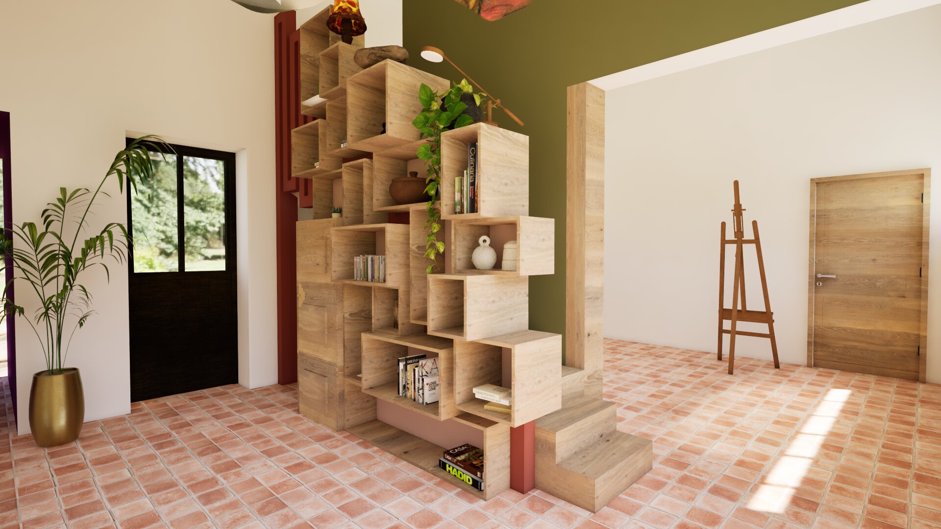 Bibliothèque escalier, vue de profil – Pérel, Dordogne – Vert Kaki