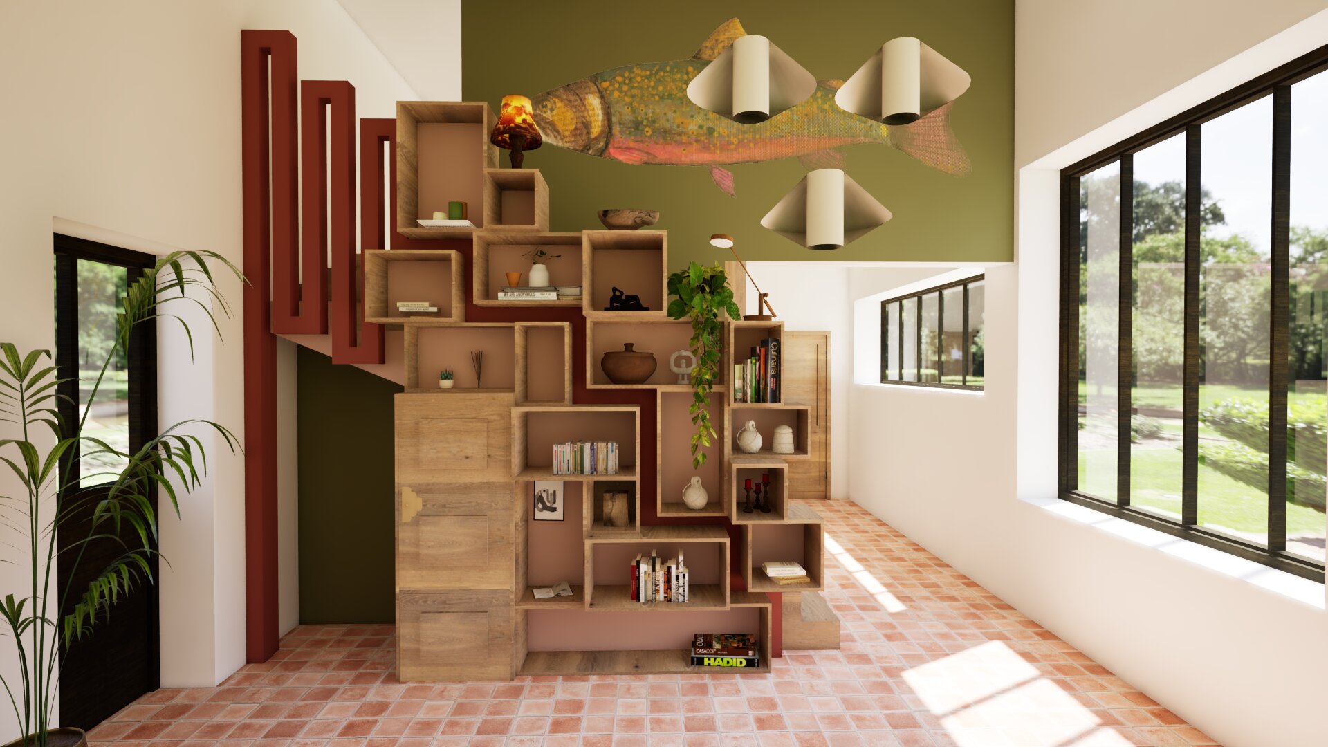 Bibliothèque escalier sur mesure, vue de face – projet Pérel, Dordogne – Vert Kaki