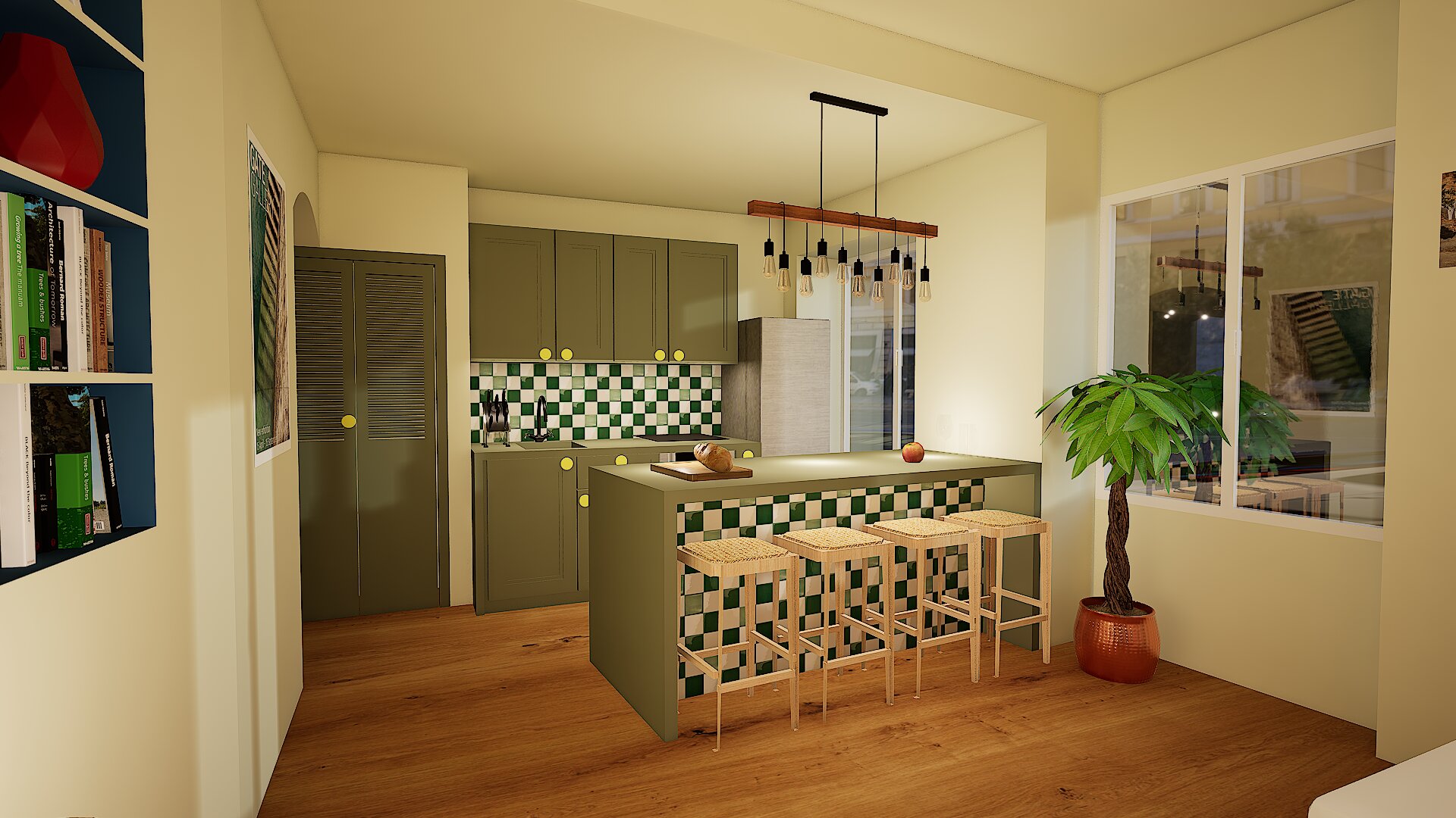 Cuisine vue profil appartement Créqui Lyon – Vert Kaki
