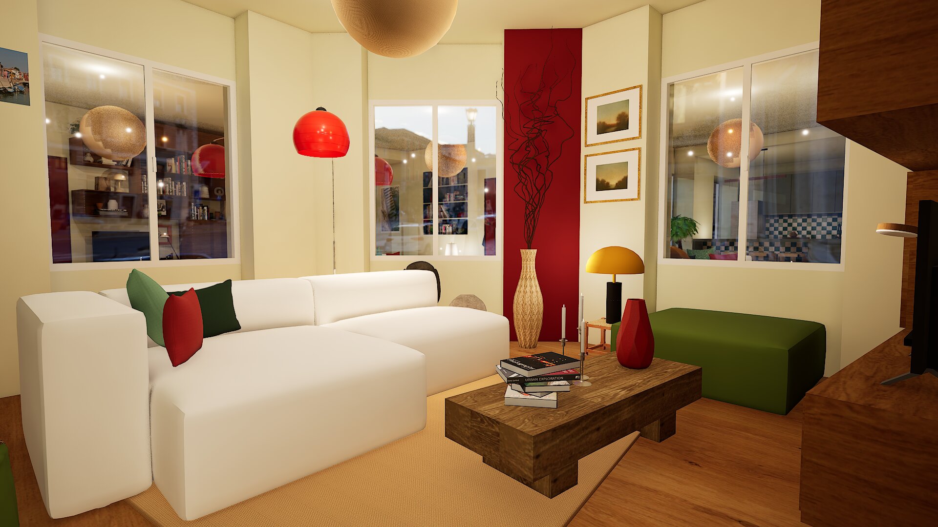 Salon vue 2 appartement Créqui Lyon – Vert Kaki