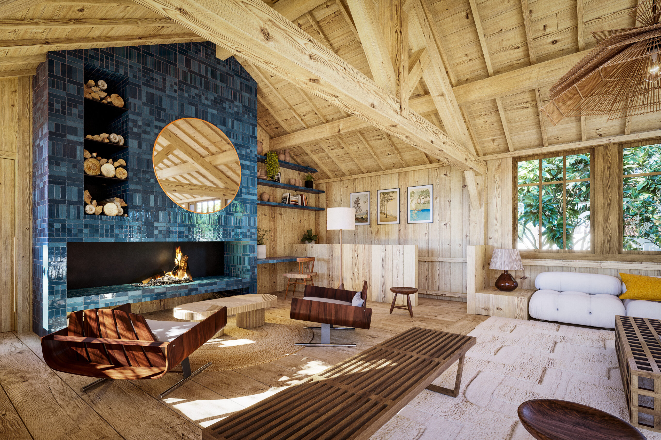 Cheminée sur mesure perspective principale, Villa Orangers Cap Ferret – TDesign Architecture, Vert Kaki