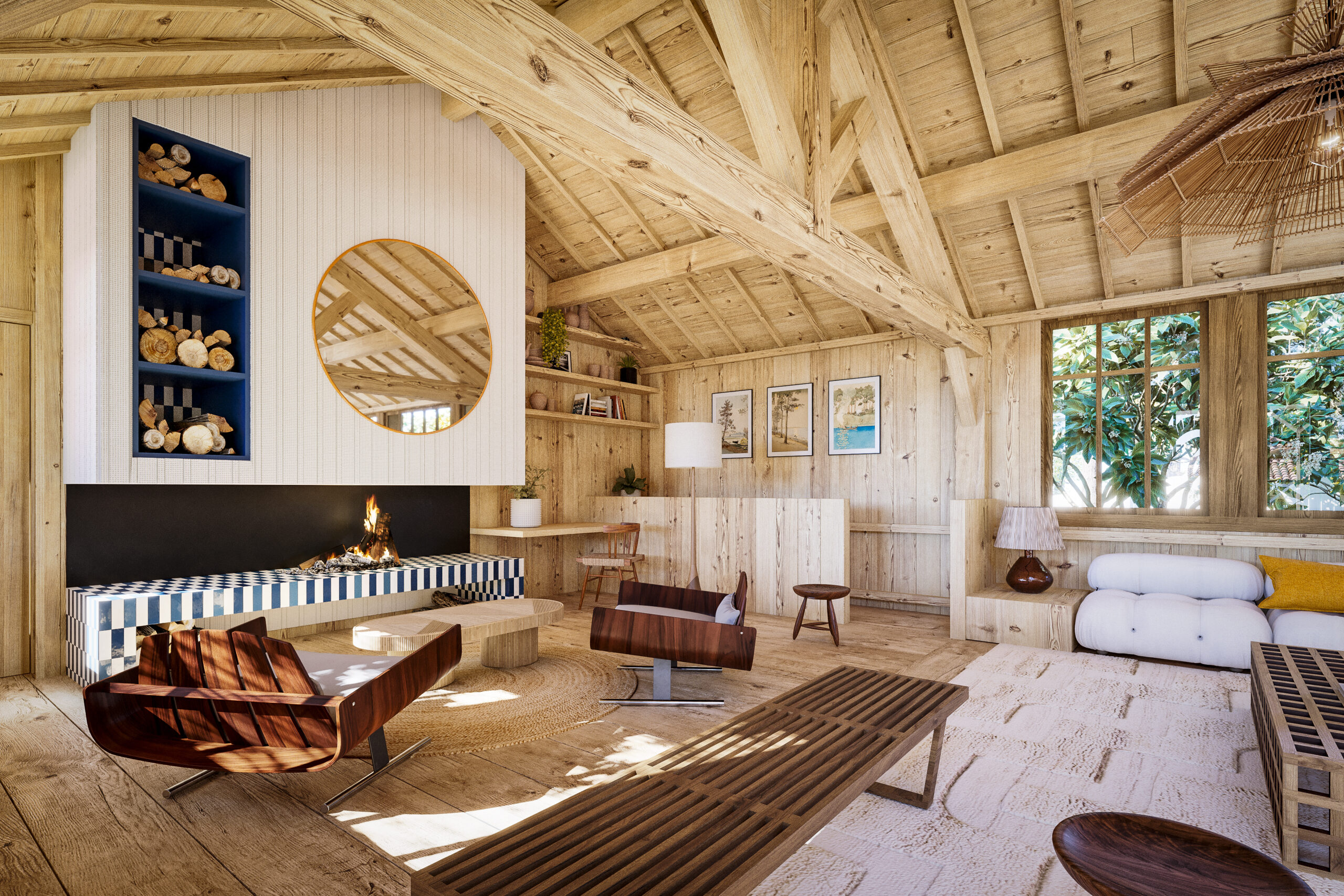 Cheminée Villa Orangers Cap Ferret, perspective 3 – TDesign Architecture, Vert Kaki